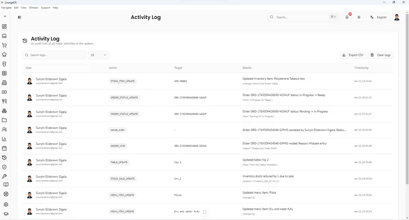 LoungeOS Activity log showing every staff action with time