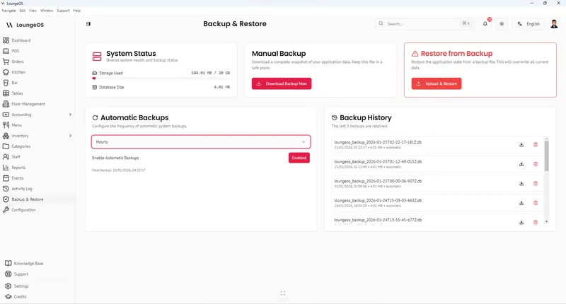 LoungeOS backup and restore screen