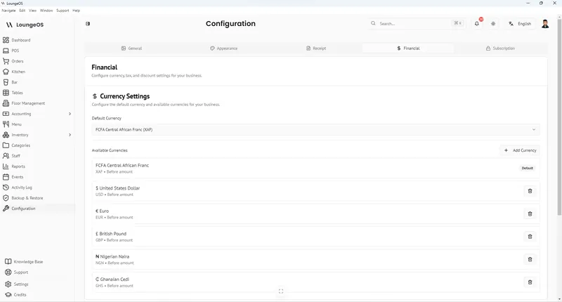LoungeOS financial settings with FCFA (XAF) as the default currency and other currencies available