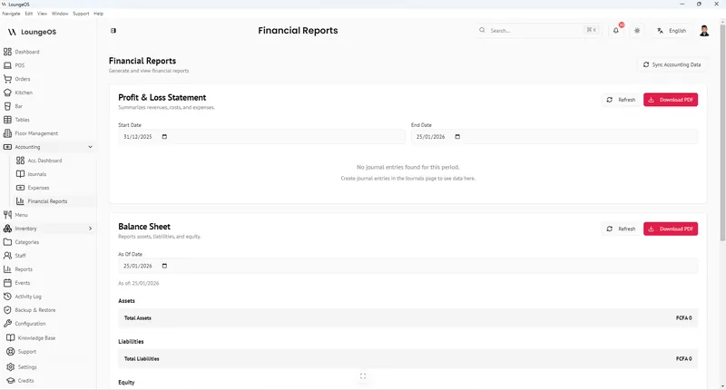 LoungeOS Profit and loss and balance sheet reports