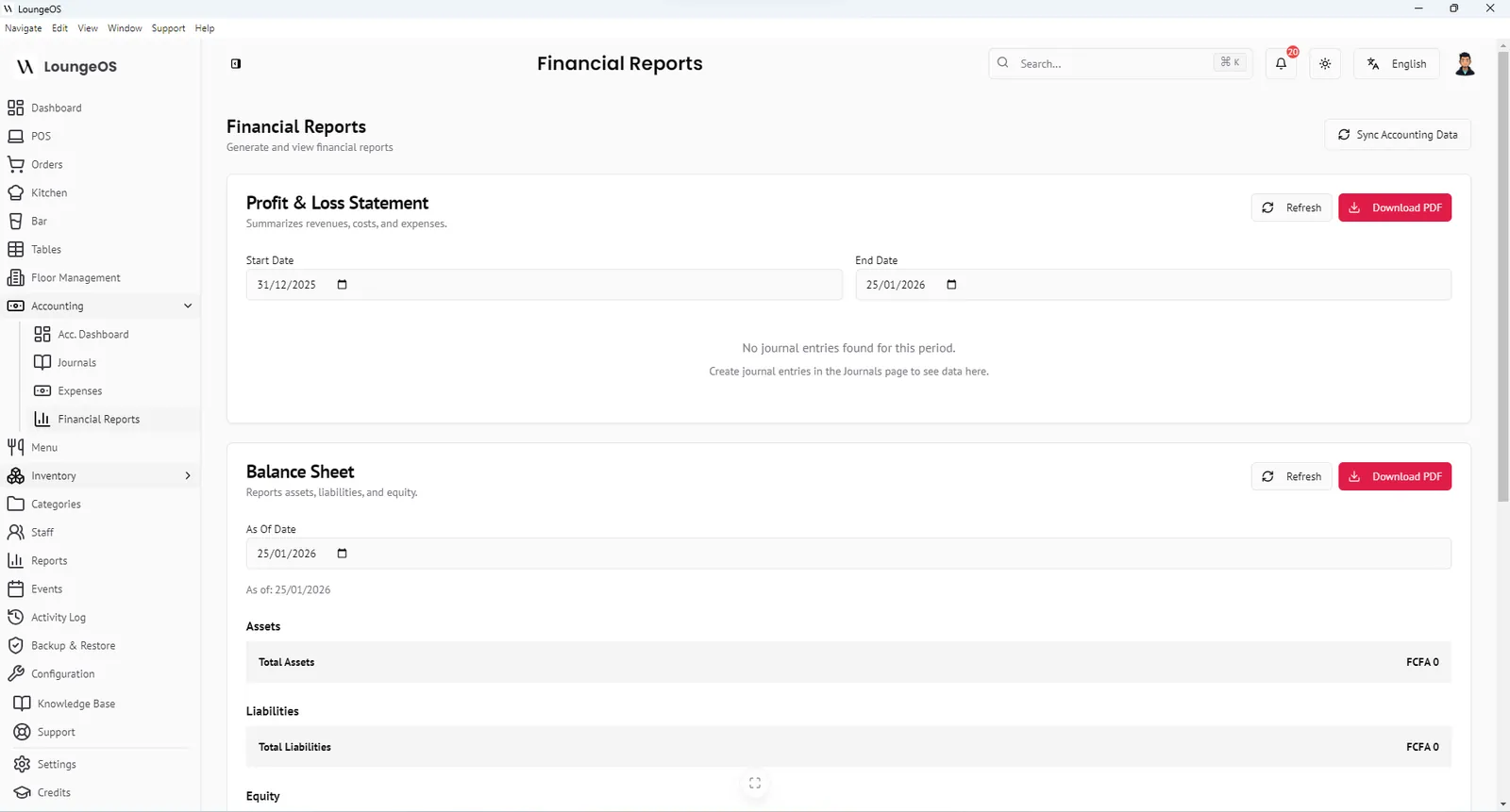 LoungeOS financial reports page with profit and loss statement and balance sheet date filters and PDF download