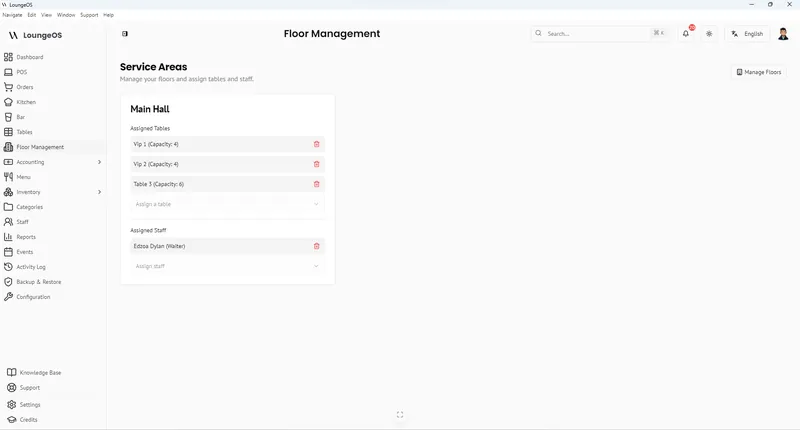 LoungeOS Floor management with service areas and assigned waiters