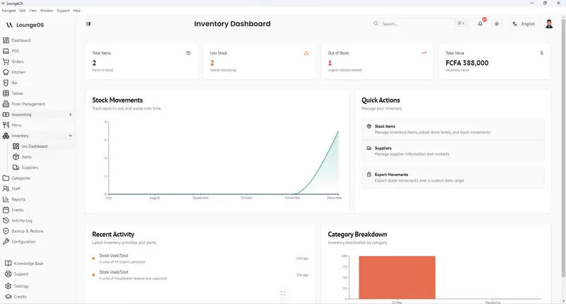 LoungeOS Inventory dashboard with stock value and low-stock alerts