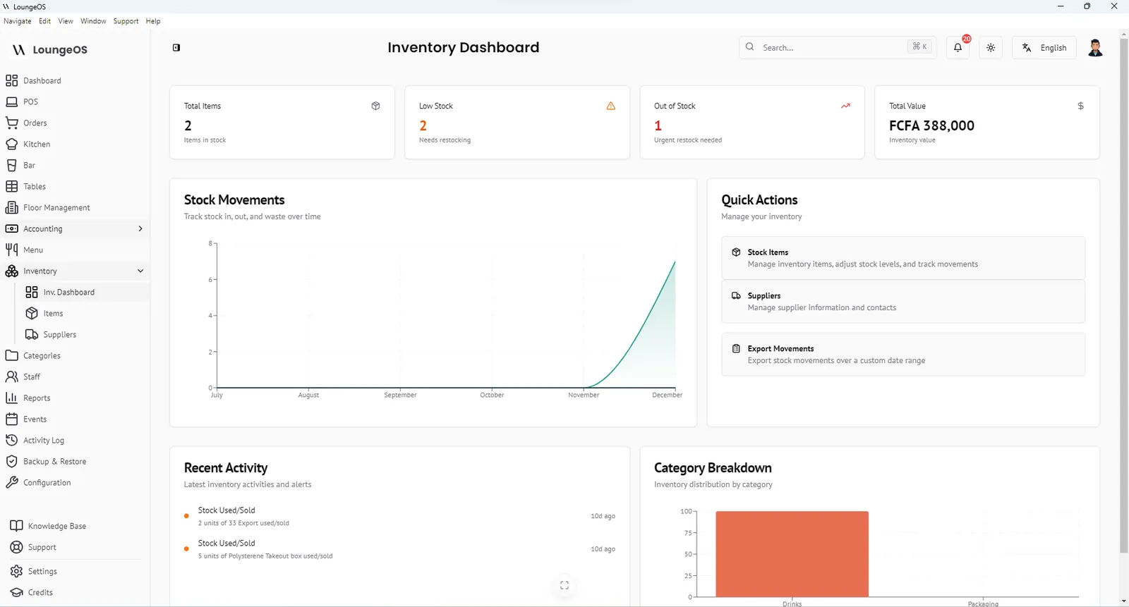 LoungeOS inventory dashboard showing total items, low stock, out of stock, total stock value and stock movements chart