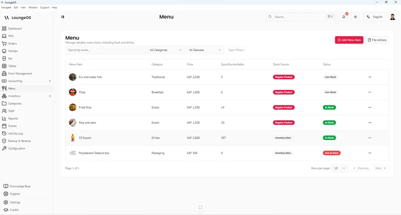 LoungeOS menu management list with dishes, categories, prices and stock status