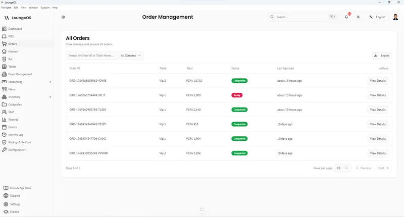 LoungeOS order management list with order IDs, tables, totals in FCFA and order status