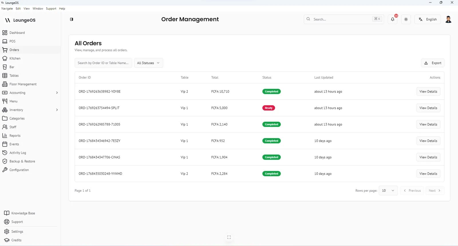 LoungeOS order management list with order IDs, tables, totals and order status