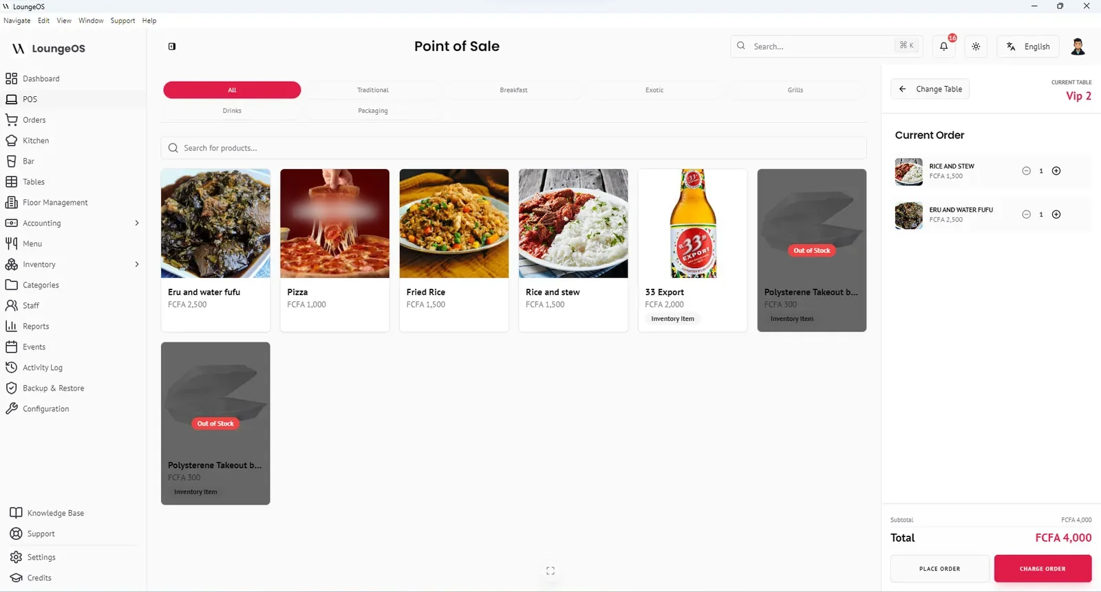 LoungeOS point of sale screen with menu categories, product photos and an open order for table VIP 2