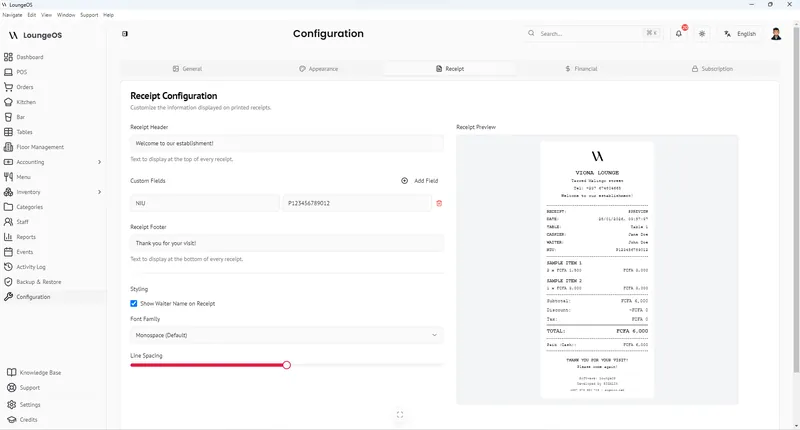 LoungeOS Receipt configuration with a thermal receipt preview