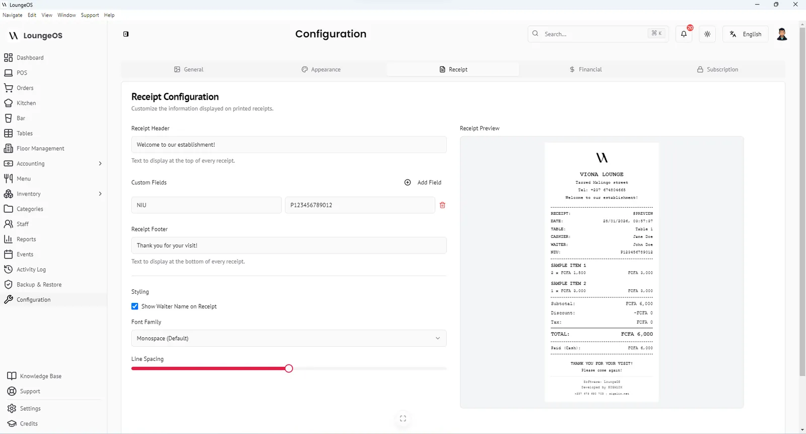 LoungeOS receipt configuration with header, footer and a thermal receipt preview