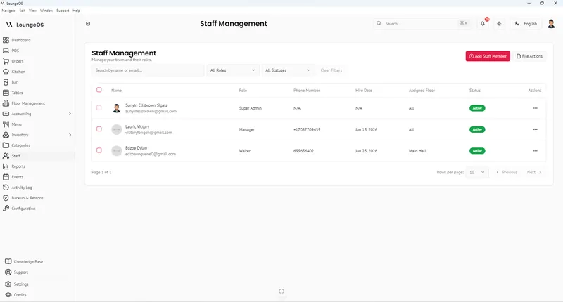 LoungeOS staff management list with names, roles, phone numbers and status