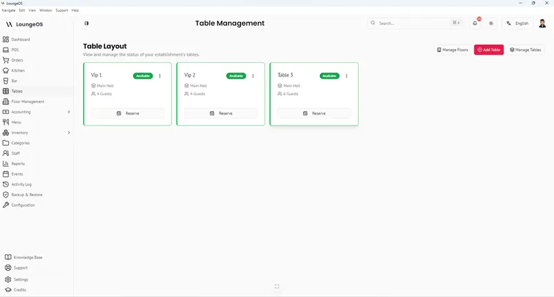LoungeOS Table layout with table status and capacity